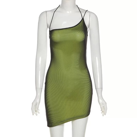 NEW Green Mesh One Strap Fitted Mini Angled Dress - Picture 5 of 16